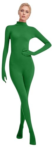 KBOPLEMQ Combinaison intégrale pour femme - Vert - Combinaison Zentai - Costume d'Halloween - Costume Slenderman - Unisexe - Avec pieds - Combinaison intégrale avec pieds - Visage ouvert