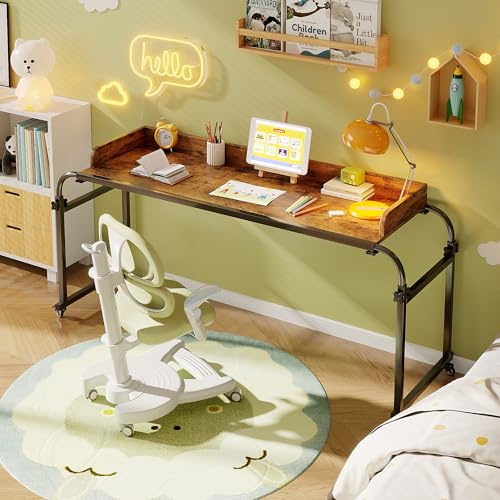 LINGMI Table de lit avec roulettes, lit bureau fauteuil table (marron rustique) | Hauteur réglable Table d'ordinateur portable, Queen King Size au-dessus de la table de lit avec pied métallique