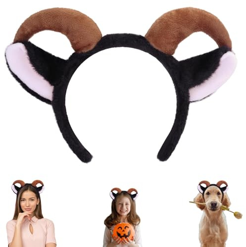 EFNHJF5 Copricapo con orecchie di capra con corna di Ariete, per bambini, adulti, costume di animali per Halloween, carnevale, Natale e cosplay (lavabile)