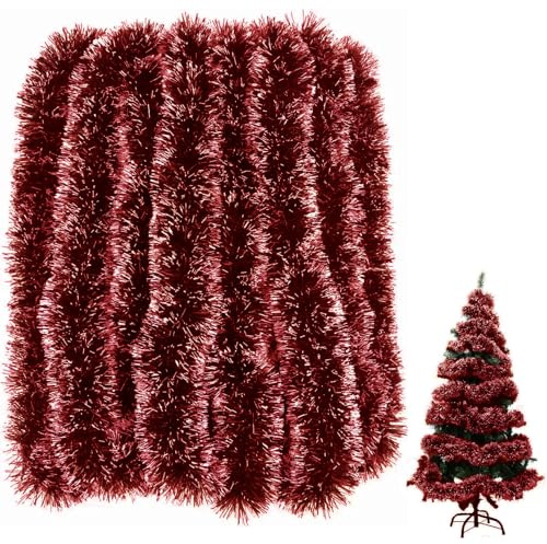 10M Christmas Tinsel Red,Snow White Dark Red Tinsel Garland Christmas Tree Decorations Xmas Thick Fluffy Strands Hangin Extra Long Garlands Decoration,for Chrismas Party Indoor Outside Door Stairs