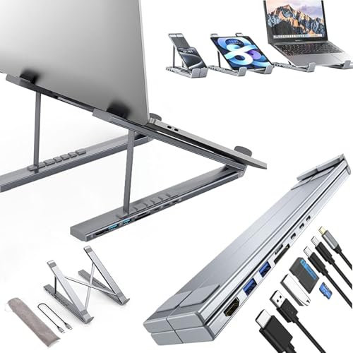 8-in-1 USB-C Laptop Stand, 8 in 1 Tablet Docking Station Stand, with 4K HDMI, 2 USB-A 3.0, 2 USB-C PD 3.0 100W, SD/TF Card Slots, Universal Portable Adjustable,for All Laptops, Plug and Play