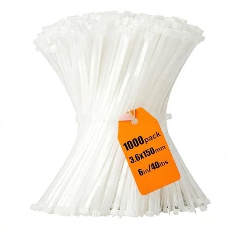 1000 pack Cable Ties White, 6 inch Zip Ties, 150 x 3.6mm Nylon Ties, Tensile Strength 40lb with UV Resistant, Plastic Tie Wraps Self Locking Large Heavy Duty Cable Wrap for Workshop Indoor and Outdoor