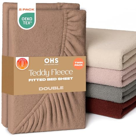 Brentfords Teddy Fleece Fitted Sheet, Soft Warm Thermal Double Fitted Sheets 2 Pack Teddy Bear Bedding Bed Cover Deep Pocket 25cm Fade Resistant Cuddly Cosy Fluffy Bedding, Mink