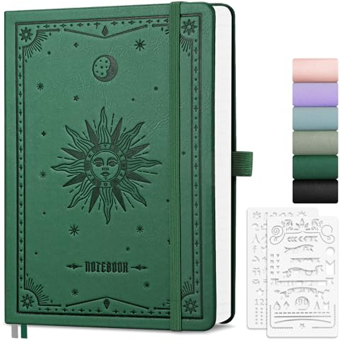 EMSHOI A5 Dotted Notebook, Hardcover Leather Notepad, 192 Pages, Dark Green | 100 GSM Thick Paper, Journal for Women and Men, Ideal for School, Work, Writing, 14.5 x 21cm
