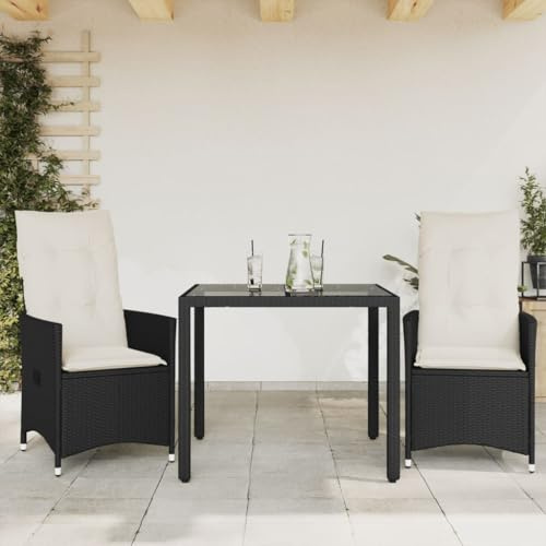 RMIHSJG Ensemble de bistro 3 pièces avec coussins en polyrotin noir, meubles de jardin avec dossier réglable et plateau en verre, ensemble de sièges en rotin synthétique résistant aux intempéries