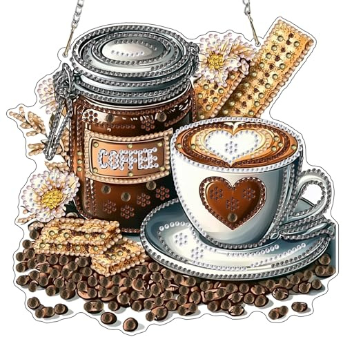 MOTGOM 5D Diamond Painting Anhänger Kaffee, 5D Diamond Painting Sonnenfänger für Erwachsene, Lichtfänger DIY Fensterbilder Set für Erwachsene, Handwerk Malerei Set für Wand Dekor 20x20cm