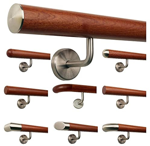 TIBU Mahagoni Holz Geländer Handlauf Treppe Griff gewinkelte Edelstahlhalter, Länge 30-500 cm aus einem Stück, Länge 50 cm mit 2 Halter - Enden leicht gewölbte Edelstahlkappe