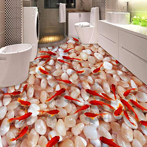 PVC Auto-Adhésif Étanche 3D Carrelage Papier Peint Cuisine Salle De Bains Poisson Rouge Caillou Plancher Peinture Peintures Murales Autocollant Décor À La Maison-300 * 210 cm