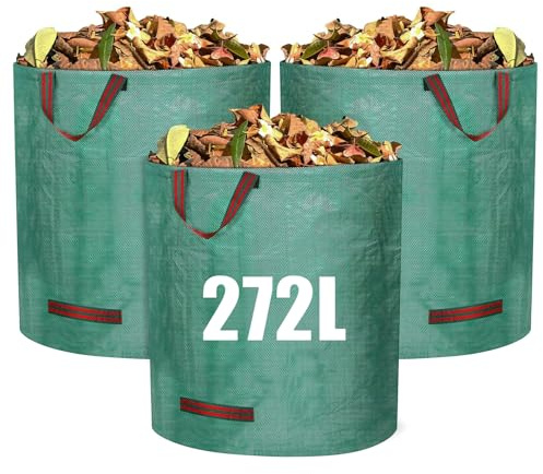 Newthinking 3 Pack Heavy Duty Garden Refuge Sacks, 272 L/Sack, Reusable Garden Waste Bags with Secure Handles and Flexible Hoop, Leaf Mould Bags for Garden Tidying Grass Cuttings and Leaves