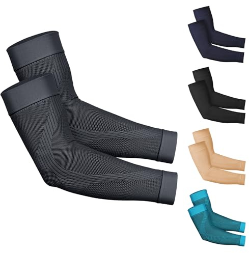 KEKING® Compression Arm Sleeves, Pair, Firm 20-30mmHg Graduated Compression Full Arm Support for Recovery, Pain Relief, Tendonitis, Golfers & Tennis Elbow Brace, Workouts Sports - Latex Free Grey L