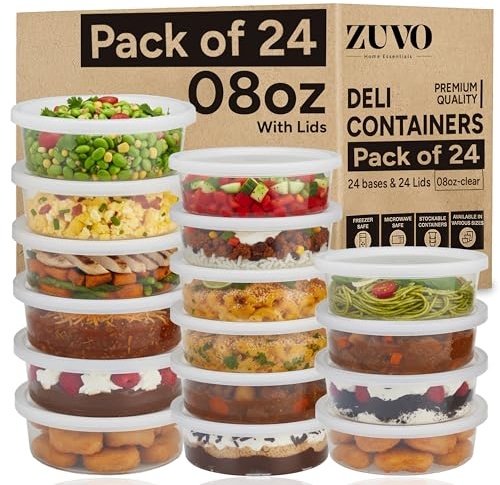 Zuvo Plastic Sauce Containers with Lids - 08 OZ (24 Pack) - Perfect Round Plastic Food Storage Containers for Sauce - Reusable, Leakproof Tubs, BPA Free