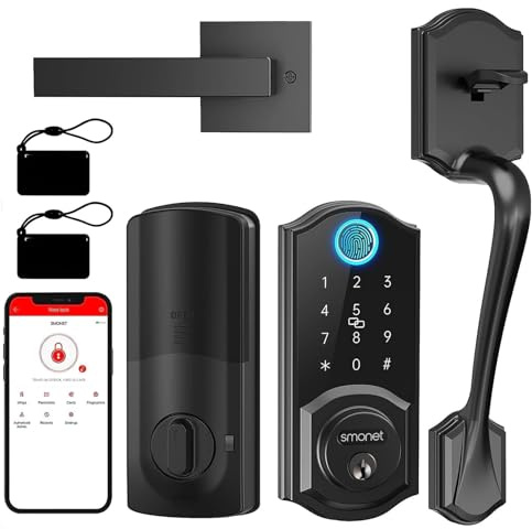 Smart Lock Front Door, SMONET Keyless Entry Door Lock with Handle, Smart Front Door Lock Set Fingerprint Smart Deadbolt Bluetooth Electronic Digital Keypad Lock, Auto Lock Work with Alexa, Black