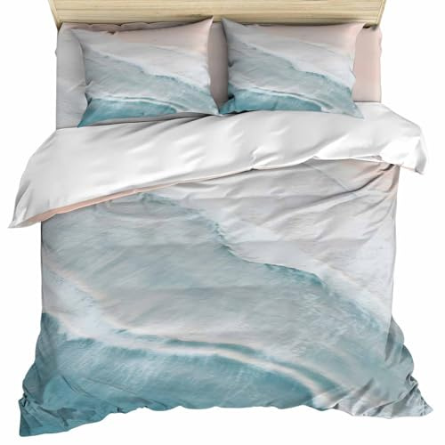Queen Duvet Cover Set - Summer Beach 4 Pcs Comforter Cover Set, Aqua Sea Waves Coastal Bedding Sets with Zipper Closure, Ocean Nautical Seaside Microfiber Bed Sheet Soft Quilt Cover 2 Pillow Shams