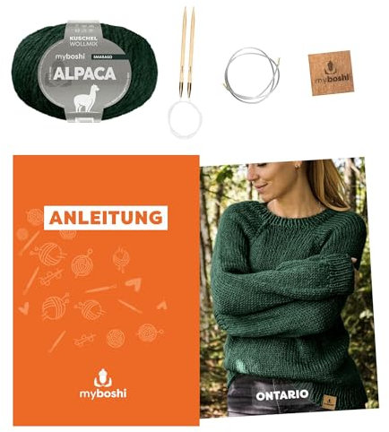 myboshi Strickset Raglanpullover Ontario, Strickset für Anfänger, inkl. Alpaca Wolle, Nadel und Anleitung, Label, Strickpaket, 10% Alpaka, 25% Schurwolle Smaragd, mit Rundstricknadel