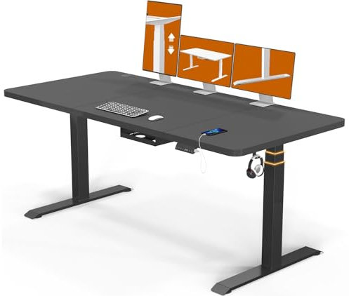 Flamaker 3-Fach Schreibtisch Höhenverstellbar Elektrisch 160 x 80 Höhenverstellbarer Schreibtisch 74-133cm mit Memory-Steuerung, USB-Buchse, Rollen, Häkche (Schwarz)