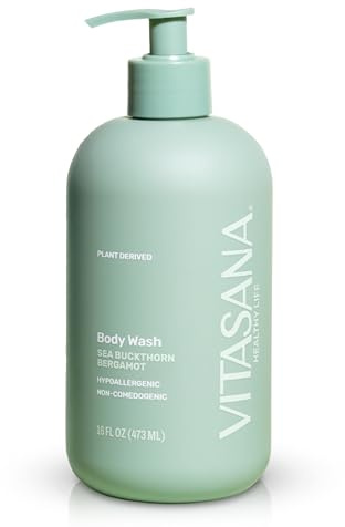 Vitasana Natural Body Wash for Sensitive Skin, 16 oz – Sea Buckthorn & Bergamot Scent, 98.9% Plant‑Derived, EWG Verified, Hypoallergenic, Paraben‑Free, Sulfate‑Free, Cruelty‑Free