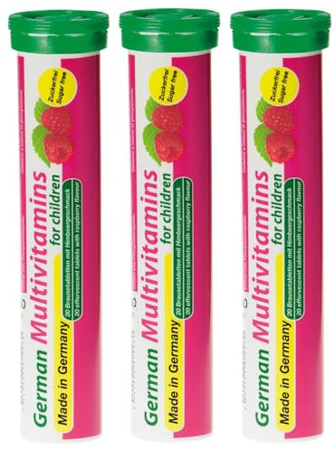 German Multivitamin for Children 60 Drink Effervescent Tablets - Sweet Raspberry Flavour, Sugar Free, Vegan - Vitamin C, E, B1, B2, B6, B12, Folic Acid, Niacin – T&D Pharma – Made in Germany