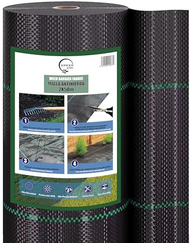 GREEN GOF Malla Antihierbas Premium 2x50m, 130g/m² - Ultra Resistente. Varios Tamaños. Alta Estabilización UV, Permeable y Transpirable - contra Las Malas Hierbas. Geotextil para Jardín y Terraza.