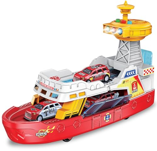 ArtCreativity Light Up Boat Toy with Sounds - Colorful Fire Dept Model Ship with Wheels & 3 Alloy Metal Cars - Kids Ferry Boat for Imaginative Play - Kids Birthday Gift Party Favor
