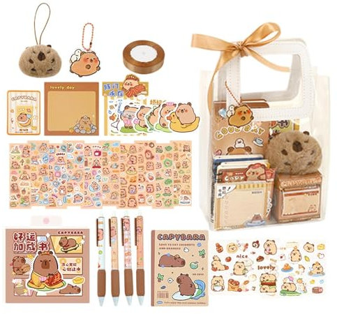 105 stycken Capybara pennfodral set transparent kapacitet dokumentpåsar set kontorsmaterial kulspetspenna klistermärken bokmärken snodd anteckningsbok plyschhänge pennfodral
