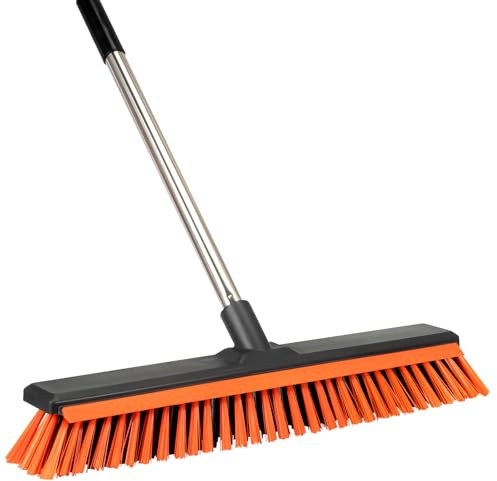18 Push Broom Outdoor with Rubber Squeegee,Heavy Duty Broom Brush with Handle,Stiff Bristles for Patios and Deck Dirt Garage Warehouse Driveway Concrete Floor Cleaning Scrubbing