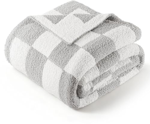 Exclusivo Mezcla Checkered Knit Throw Blanket, Ultra Soft and Warm Reversible Woven Blankets, Cozy Snuggly Throw for Couch Bed and Home Decor, Light Grey, 127x152 CM
