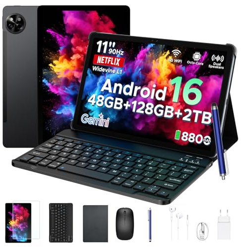 P11 Android 16 Tablet 11 Pulgadas, 48GB RAM + 128GB ROM/2TB TF, 120Hz, T7250 Octa-Core, 8800mAh, 13MP+5MP, Gemini AI, Widevine L1, Face ID, GPS, OTG, Doble Altavoz, Tablet con Teclado y Lápiz, Negro