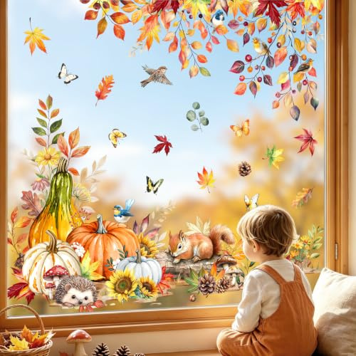 Tanlaby Vinilos para Ventanas Otoño Hojas de Arce Calabaza Pegatinas de Ventana Decoración Ardilla Animales del Bosque Vinilo Cristal Otoñal Acción de Gracias Cosecha Vidrio Puerta Salón Dormitorio