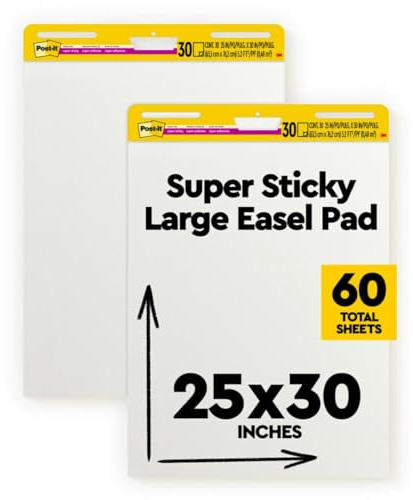 Post-it Super Sticky Easel Pad, 25 x 30 Inches, 30 Sheets Per Pad, 2 Pads, Large, White, Premium Self Stick Flip Chart Paper, Anchor Chart, Office Supplies & School Supplies, Great for Teachers and Students