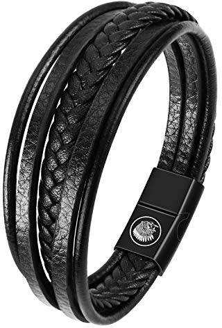Casisto.J Pulsera Cuero Hombre - Pulsera Trenzada Hecha a Mano clásica en Negro y marrón con Cierre magnético Grabado Joyas Gratis en Caja