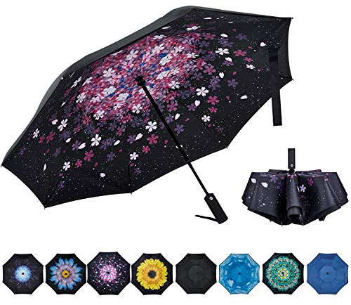 NOORNY Inverted Umbrella Double Layer Automatic Folding Reserve Umbrella Windproof UV Protection for Rain Car Travel Outdoor Men Women Sakura