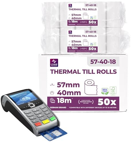 Ec-Cash Thermorollen 57mm x 18m x 12mm - Kassenrollen - Thermopapier - Bonrollen für Bankomat - Kredit-Kartenlesegeräte (57x40x12) (50 Rollen)