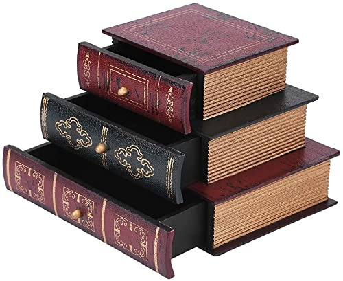 Boîte de Rangement Vintage en Bois pour Bijoux, Design Livre Rétro avec 3 Tiroirs, Accessoire de Bureau et Décoration