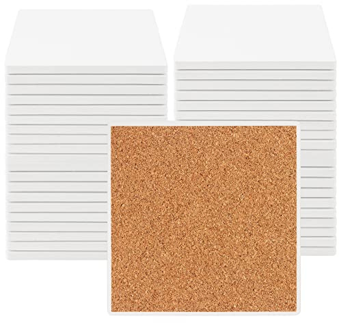 ZEONHEI 40 Packs 4 x 4 Inch Ceramic Coasters for Crafts, White Ceramic Tile Coasters with Cork Backing Pads, Square Unglazed Blank Ceramic Coasters Bulk for DIY Arts and Craft Project