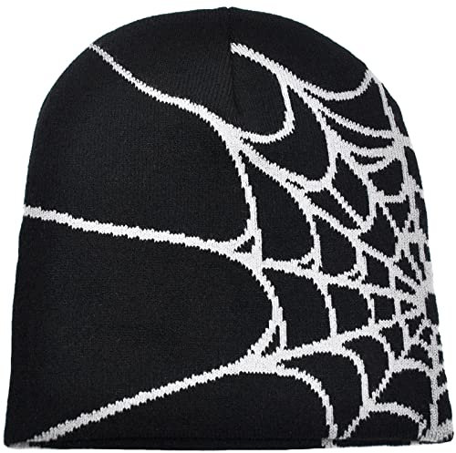 Malaxlx Unisex Gothic Spider Web Pattern Black Knitted Beanie Hat Winter Warm Skull Cap for Women Men