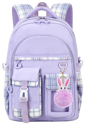 KEBEIXUAN School Bags for Girls, Kawaii Kids Primary School Backpack for Girls Age 6-12, Aesthetic Water-Resistant Plaid Rucksack (Purple)