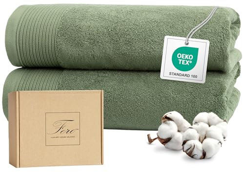 Ferò Set Luxus 2 Teilig Handtücher Groß, Badehandtuch 100% Baumwolle, Premium Low Twist 550 g/m², Ultra Weich und Saugfähig, Oeko-TEX, Italienisches Design, Badetuch,2 Duschtuch 70x140, Grün