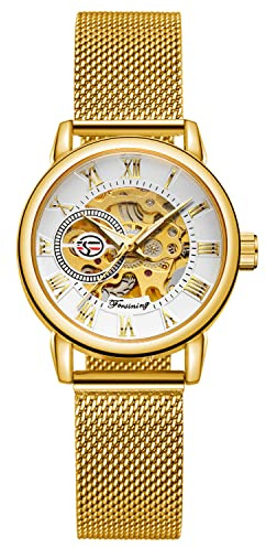 FORSINING Modische Damen-Armbanduhr, Skelett, lässig, wasserdicht, Handaufzug, mechanische Uhr mit Edelstahl-Mesh-Band, 01-Gold, Weiß, Armband