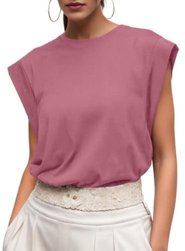 GRECERELLE Women's Cotton T Shirts - Cap Sleeves Loose Fit Basic Solid Colour Ladies Tops for Casual Comfort Soft Crew Neck Summer Tees (Mauve, XL)