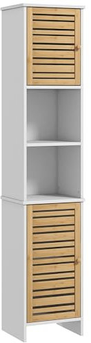 HOMCOM Columna de Baño Moderna Armario Alto de Baño con Estantes Ajustable y Puerta de Bambú Anti-vuelco 35x30x170 cm Blanco y Natural