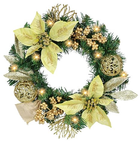 Dekorierter Weihnachtskranz mit LED-Licht Poinsettia Beeren Tanne Zweige Christbaumkugeln 30cm Deko Kranz Adventskranz Türkranz Tannenkranz Blumenkranz Weihnachtsblume Christstern Weihnachtsstern