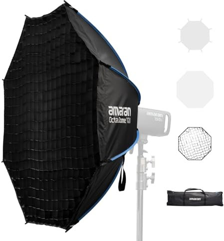 Amaran Octa Dome 120 Softbox Octagonal con Montura Bowens, Modificador de Luz Extra Grande de Montaje Rápido con Difusor & Rejilla para Retratos & Producción de Video, Portátil con Bolsa