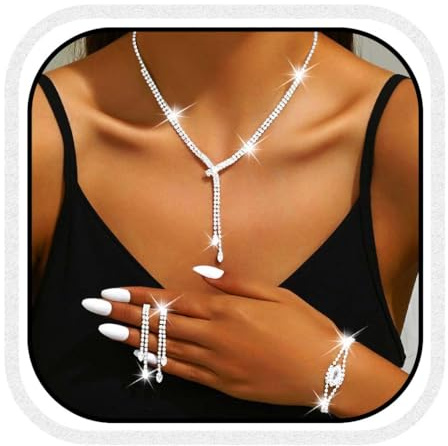 Reaky Bridal Jewelry Set Silver Earrings and Necklace Sets Sparkly Rhinestone Necklaces Wedding Prom Jewelry for Women(Pack of 3) (Silver)