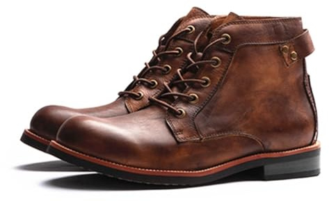Generico Stivali Moto Retro Uomo - Stivaletti Biker in Pelle Marrone Vintage, Stivali da Lavoro Robusti e Stile Combat con Lacci per Jeans(Brown,44 EU)