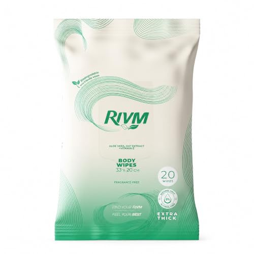 RIVM Fragrance-Free Body Wipes for Adults, Extra Large, Biodegradable & Rinse-Free Wet Wipes for Personal Care, Elderly, Travel, Camping, Sports & Gym, 33x20cm, 1 Pack of 20 Wipes