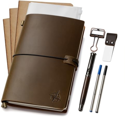 WANDERINGS Carnet de Voyage A5 / Journal en Cuir Véritable – 15 x 22 cm – Rechargeable – Bundle avec Stylo, Porte-Stylo et Pochette Transparente