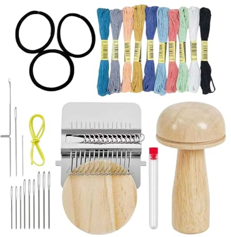 Kit telai per rammendo toppe - Strumento di riparazione rapida di precisione, set per rammendare funghi a 14 ganci, macchina per tessere in legno e acciaio inossidabile, custodia per ac