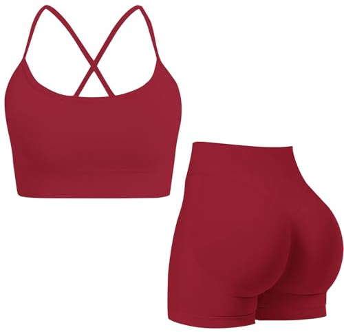 Gym Workout Sets for Women 2 Piece Seamless Strappy Crisscross Sports Bra Hidden Scrunch Shorts Yoga Outfits Activewear Tracksuits