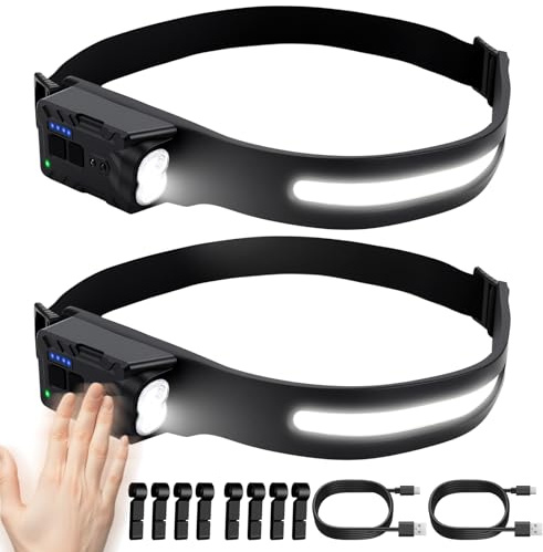 AUTOUTLET 2PCS Lampe Frontale LED Rechargeable 1200mAh IPX4 Ultra Puissante 350lm avec 3 Sources Lumineuses Détecteur de Mouvement, Éclairage 270°Angle Large 230°pour Bricolage Randonnée
