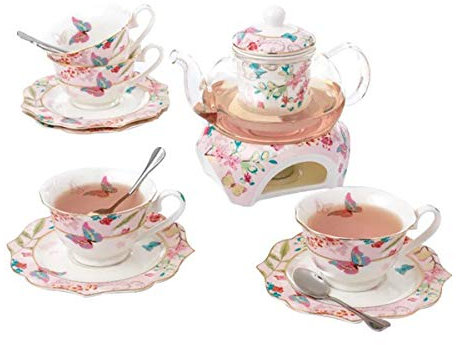 YBK Tech Kaffeekanne, Teekanne, Tasse und Untertasse, Knochenporzellan, mit Stövchen und Tee-Ei, Schmetterlings-Design (Tee für 4)